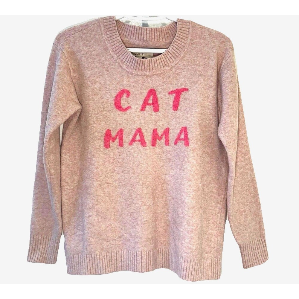 LOFT Cat Mama Sweater Small Pink Fuzzy Knit Graphic Crewneck Pullover